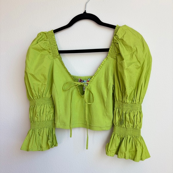 Urban Outfitters Tops - Urban Outfitters Lime Green Puff Sleeve Tie-Front Crop Top